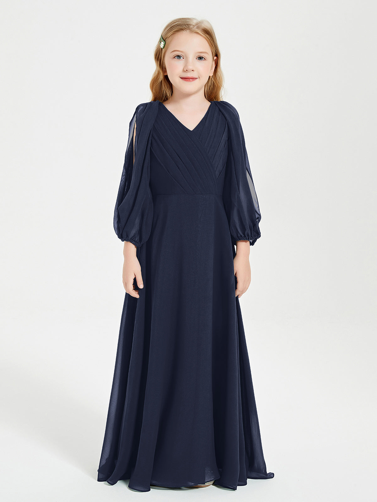 Modest Long Sleeved Junior Bridesmaid Gowns Dark Navy
